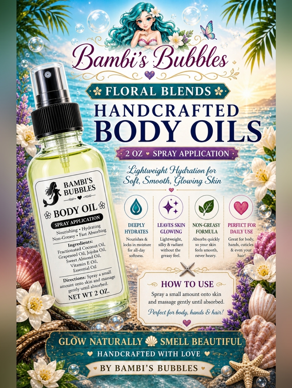 Low Stock! Hand Crafted Floral Blends Body Oil 2oz Spray Application